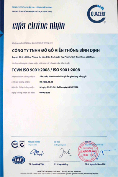 Công ty TNHH Đồ gỗ Viễn Thông đạt chứng nhận ISO 9001:2008